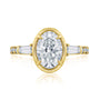 Kobelli Sona Ring - A collect-set oval diamond with tapered baguette side diamonds forming to a classic three-stone design along with a half eternity of round diamonds along the band - yellow gold option top view