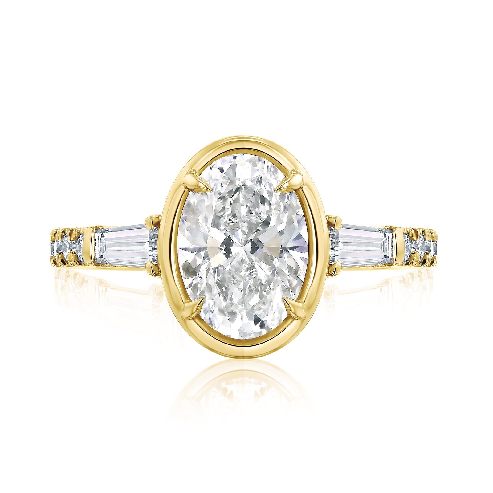 Kobelli Sona Ring - A collect-set oval diamond with tapered baguette side diamonds forming to a classic three-stone design along with a half eternity of round diamonds along the band - yellow gold option top view