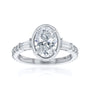 Kobelli Sona Ring - A collect-set oval diamond with tapered baguette side diamonds forming to a classic three-stone design along with a half eternity of round diamonds along the band - white gold option lifted front view