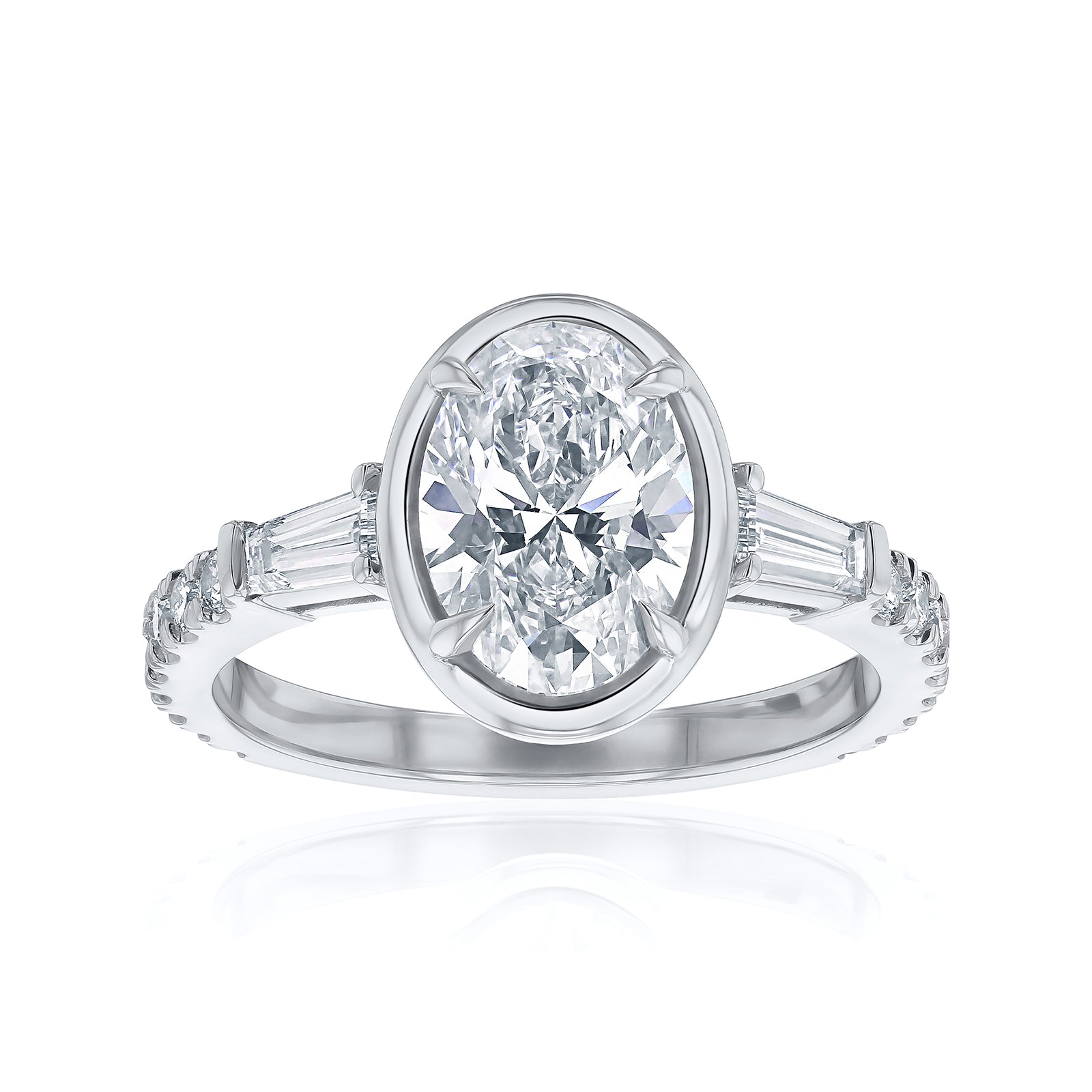 Kobelli Sona Ring - A collect-set oval diamond with tapered baguette side diamonds forming to a classic three-stone design along with a half eternity of round diamonds along the band - white gold option lifted front view