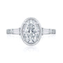 Kobelli Sona Ring - A collect-set oval diamond with tapered baguette side diamonds forming to a classic three-stone design along with a half eternity of round diamonds along the band - white gold option top view