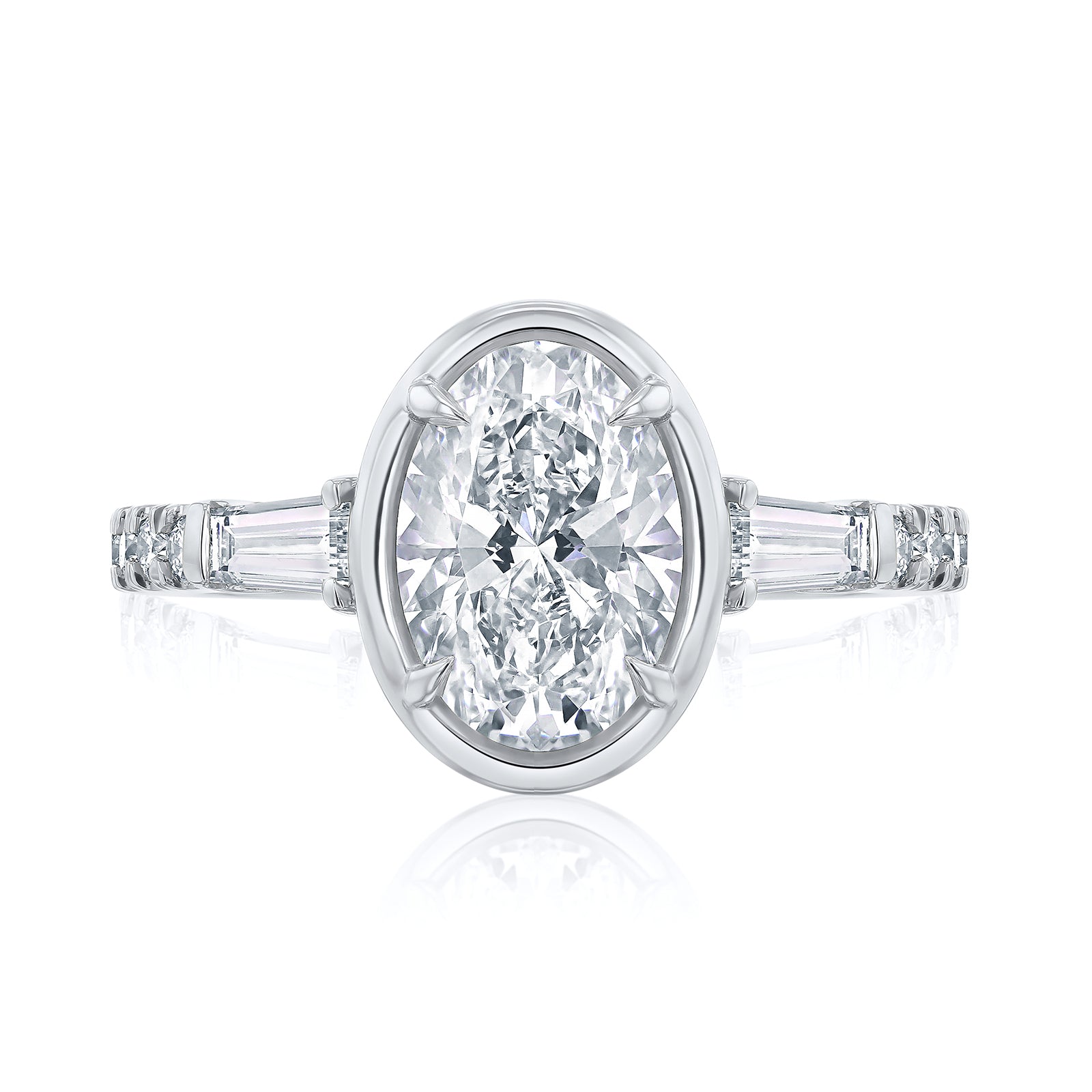 Kobelli Sona Ring - A collect-set oval diamond with tapered baguette side diamonds forming to a classic three-stone design along with a half eternity of round diamonds along the band - white gold option top view