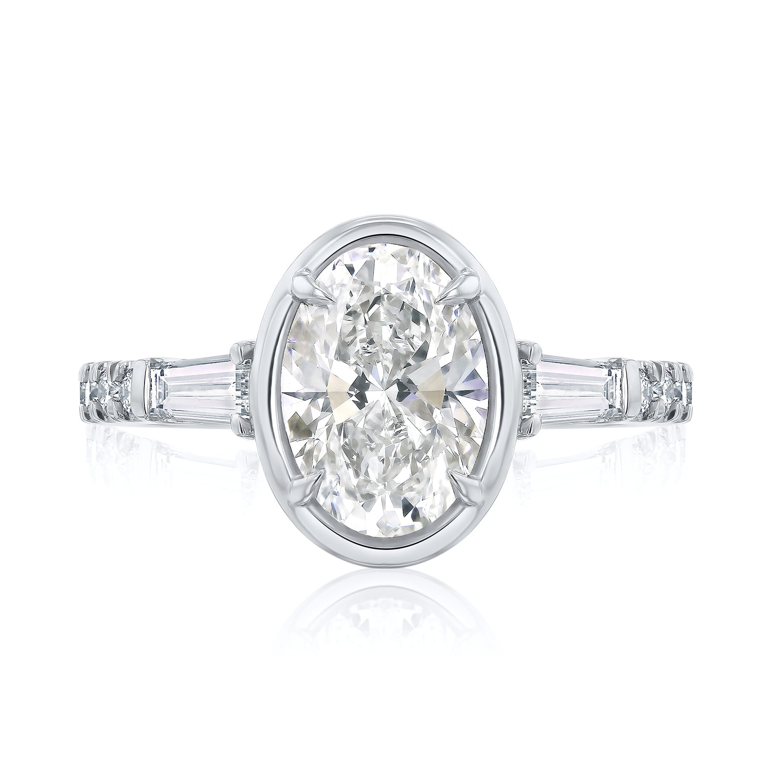 Kobelli Sona Ring - A collect-set oval diamond with tapered baguette side diamonds forming to a classic three-stone design along with a half eternity of round diamonds along the band - white gold option top view
