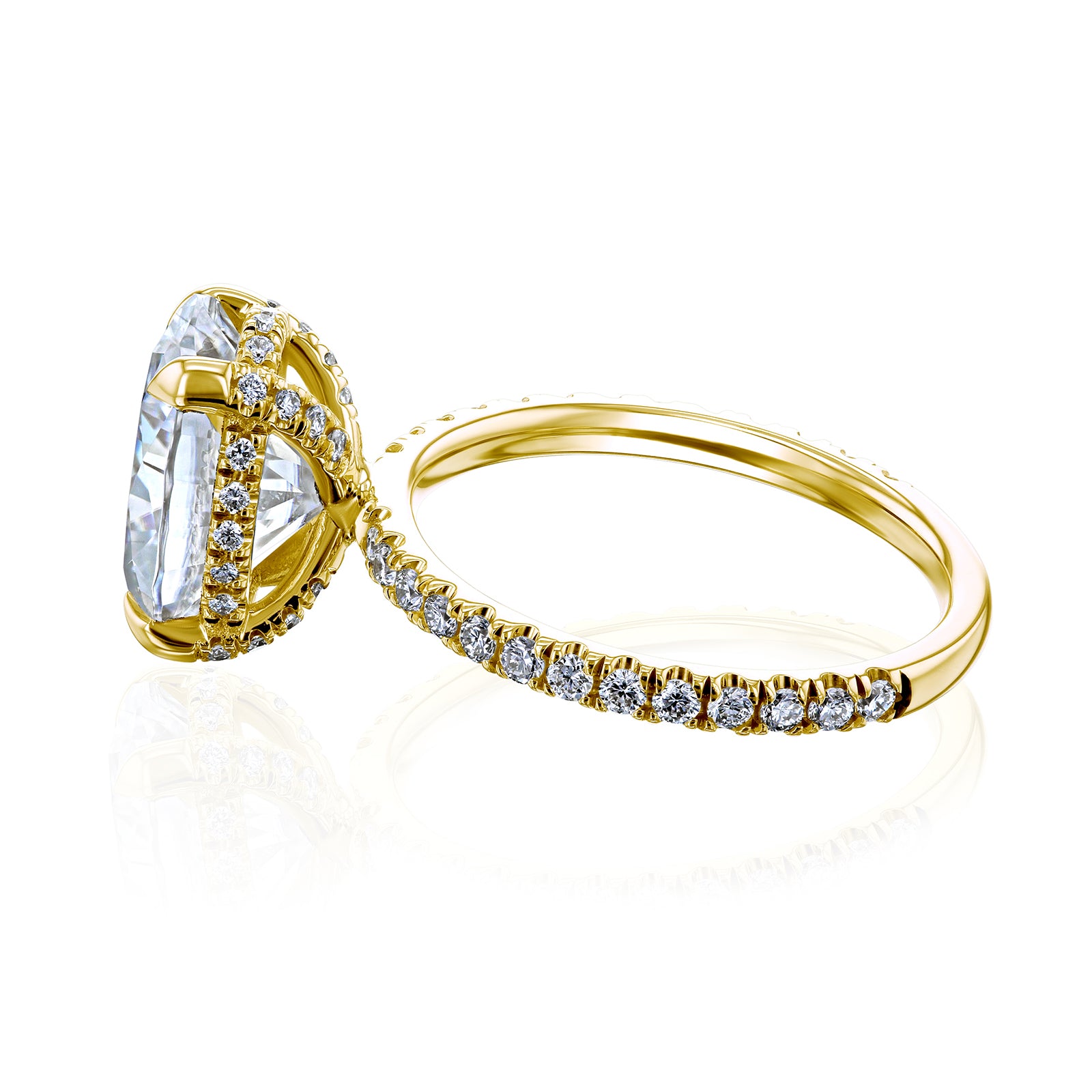 hidden basket halo on a floating setting in yellow gold