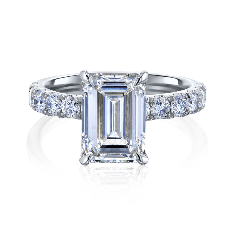 Emerald-cut Diamond Engagement Ring Over Round Diamond Lined Band