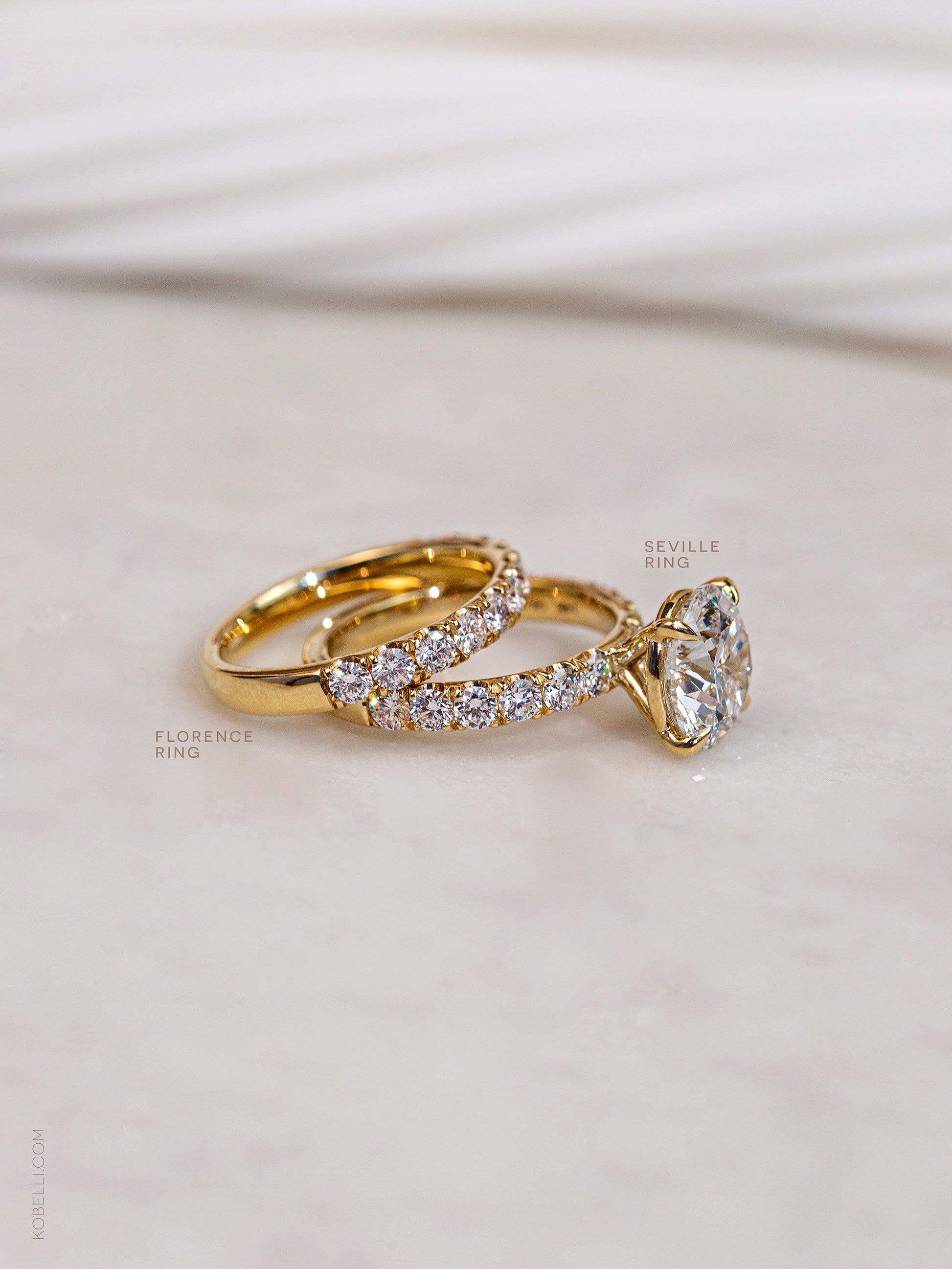 The Seville Ring to the Florence Ring feature heavier bands with large round diamond accents