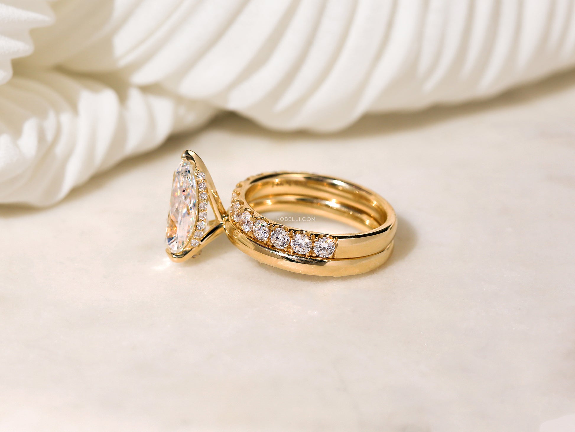 Sample of the Jasper Engagement Ring Stacked with the Florence Wedding Ring