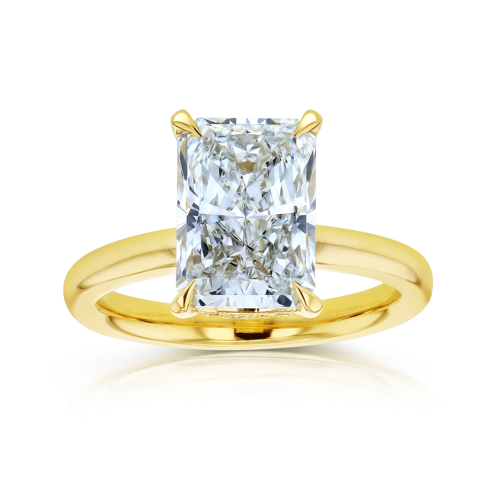 4.1 Carat Radiant Lab Grown Diamond Drape Halo Hallstatt Ring in Yellow Gold