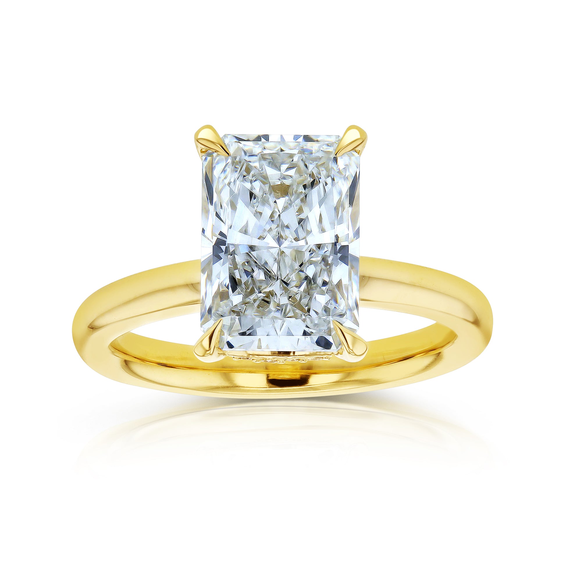 4.1 Carat Radiant Lab Grown Diamond Drape Halo Hallstatt Ring in Yellow Gold
