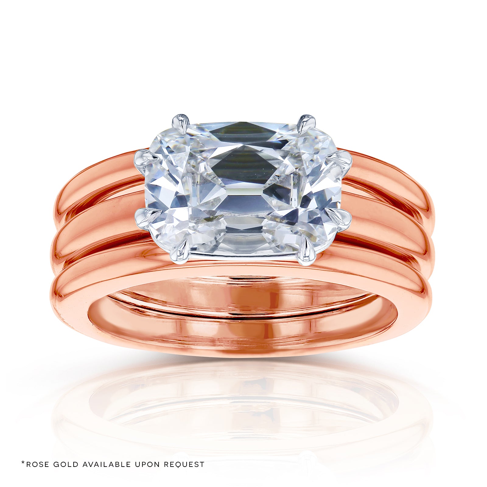 Kobelli 3 Carat East-West Emerald Old Mine Cut Lab Grown Diamond Charli Three Ring Bridal Set in Rose Gold