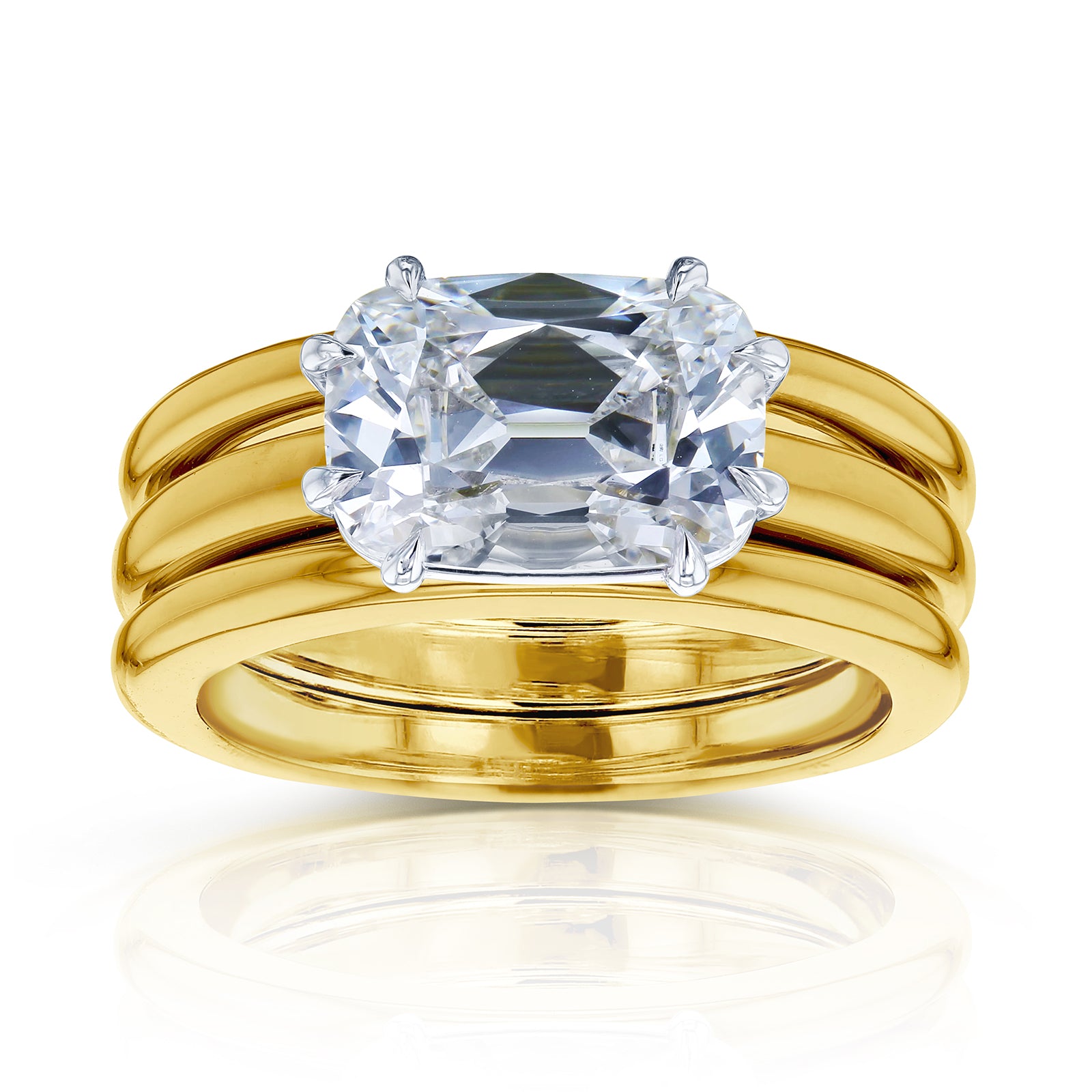 Kobelli 3 Carat East-West Emerald Old Mine Cut Lab Grown Diamond Charli Three Ring Bridal Set in Yellow Gold