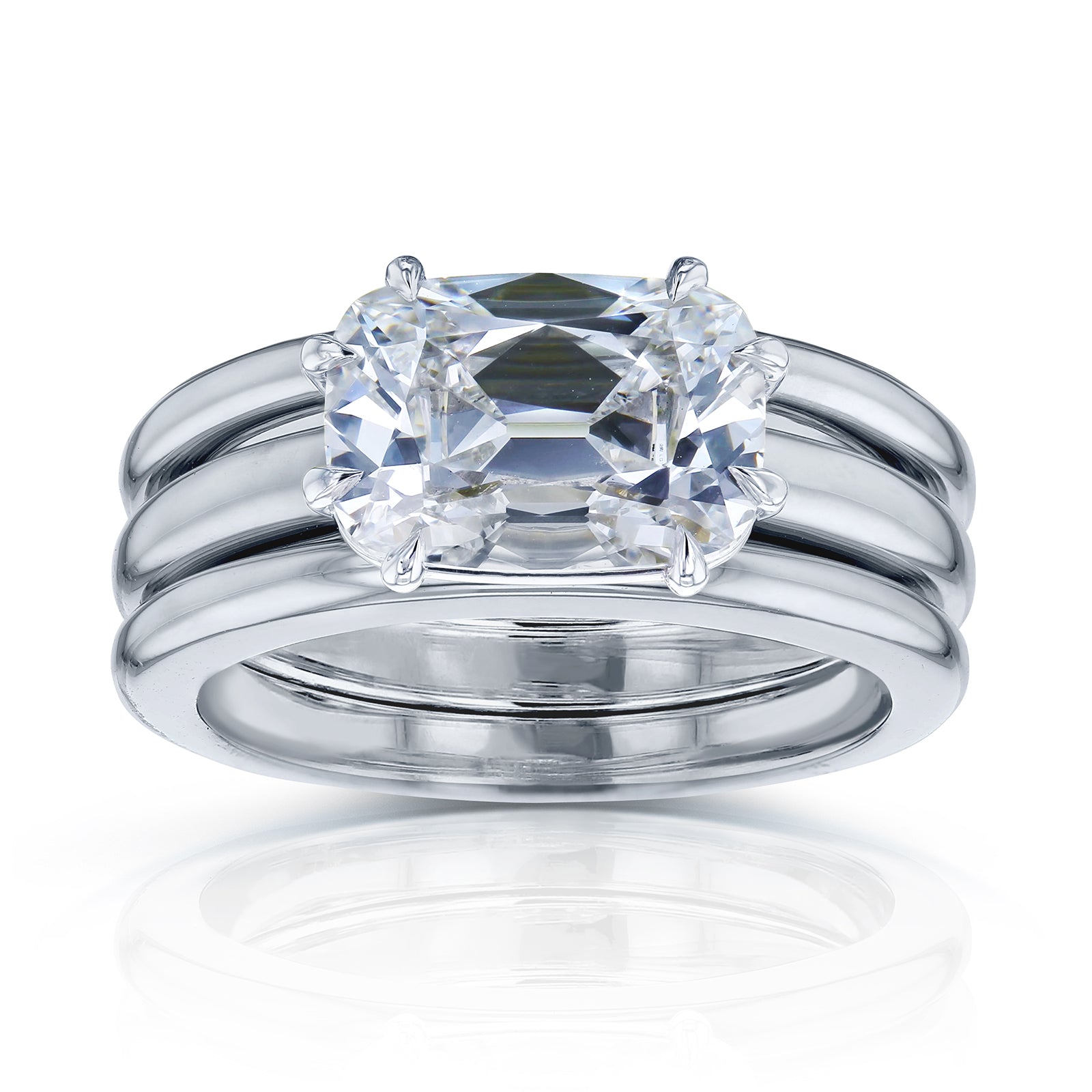 Kobelli 3 Carat East-West Emerald Old Mine Cut Lab Grown Diamond Charli Three Ring Bridal Set in White Gold