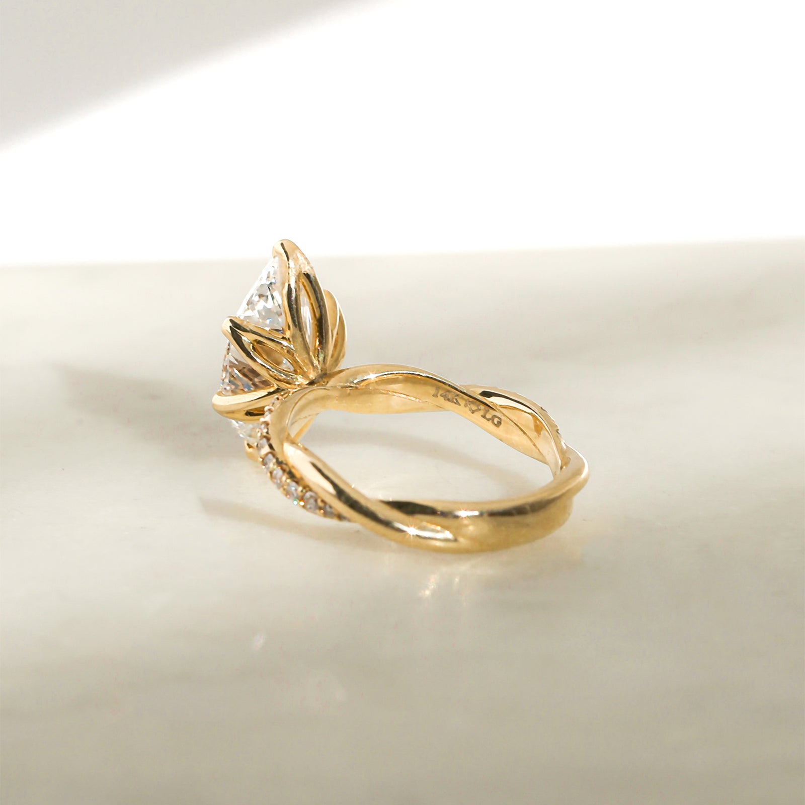 3.25 Carat Lab Grown Diamond Marquise Shifting Helix Ring - back angle showing lotus prongs