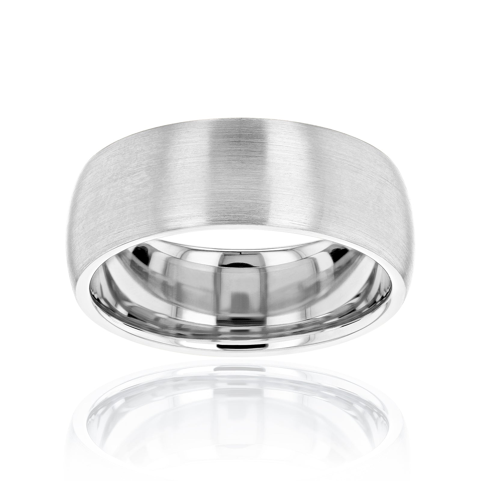 Kobelli 8 millimeter solid gold non-tapering domed wedding band with satin finish in white gold