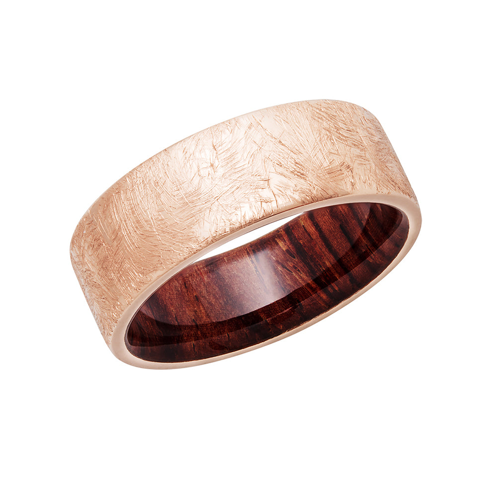 Kobelli Rustic 14k Coarse Brush Textured Rose Gold 8mm Band with Natcoco Hardwood Sleeve
