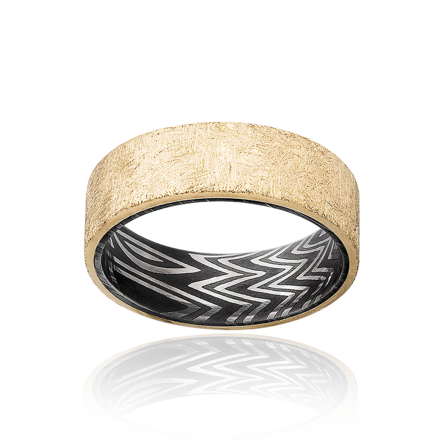 Kobelli Coarse Brush Finish 14K Yellow Gold with Exotic Zebra Patterned Damascus Steel Sleeve
