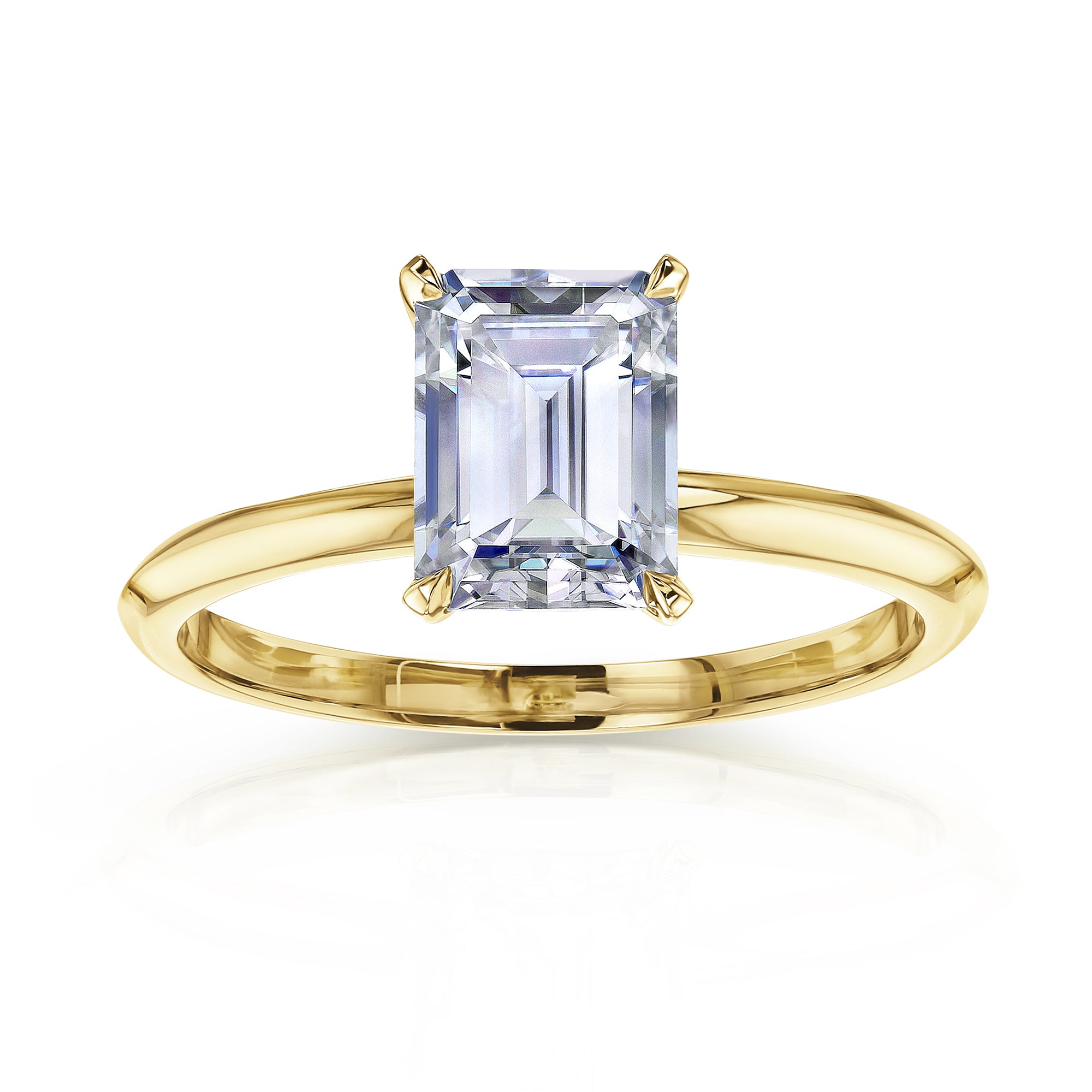 1.75 Carat Moissanite Emerald Knife Edge Saber Ring in Yellow Gold