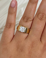 2 Carat Solitaire Cushion Extra Wide Heidi Ring - Yellow Gold, Size 7.5, Moissanite Center on a hand
