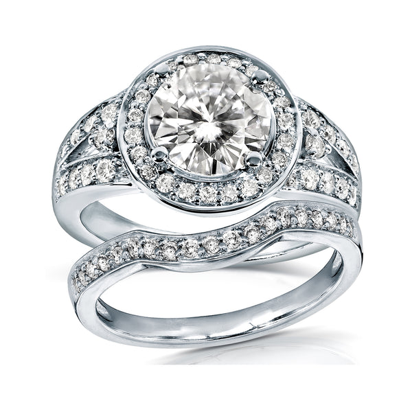Moissanite and Diamond Halo Low-Set Center Bridal Set 2 Carats TW in 14k White Gold