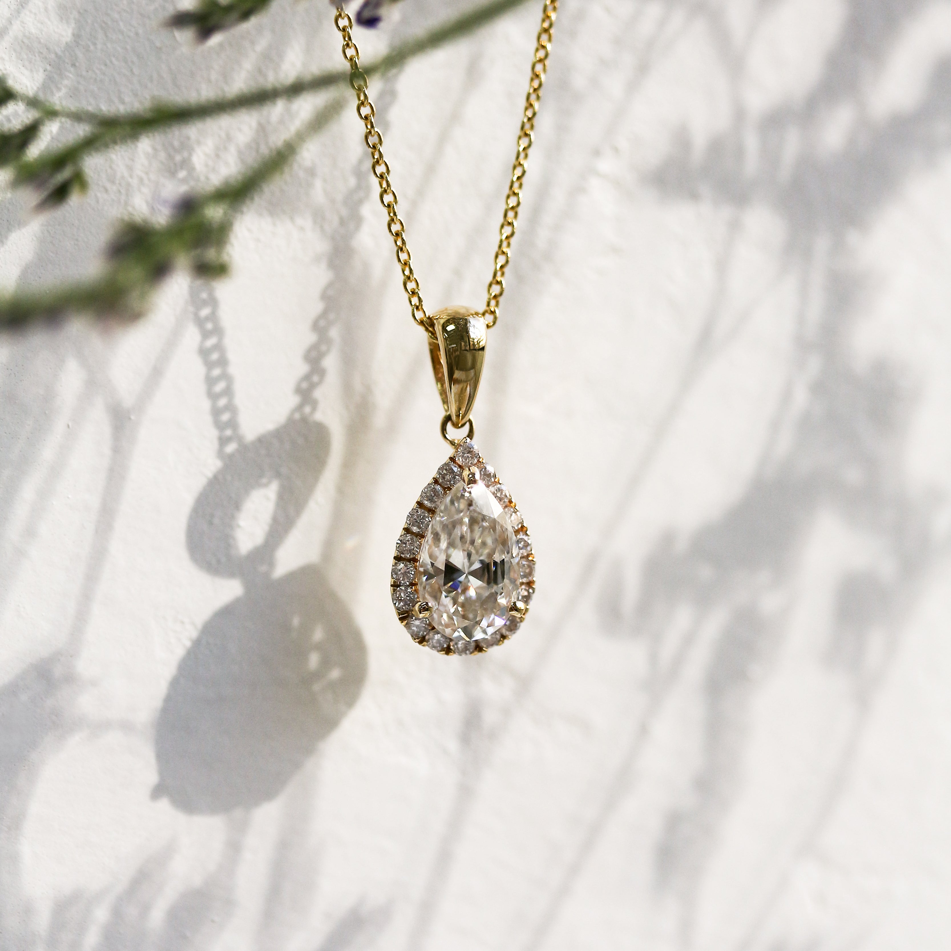 Halo Diamond Pear Shape Pendant and Chain in Yellow Gold