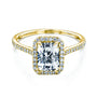 radiant-cut moissanite center with diamond side stones forming to a halo over a near eternity band in 14k yellow gold