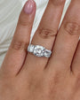 5 Carat Cushion 3-Stone Ring - Moissanite, Size 7.5, White Gold, on a hand