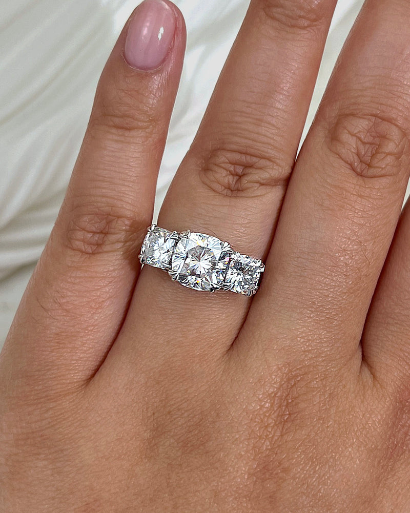 5 Carat Cushion 3-Stone Ring - Moissanite, Size 7.5, White Gold, on a hand
