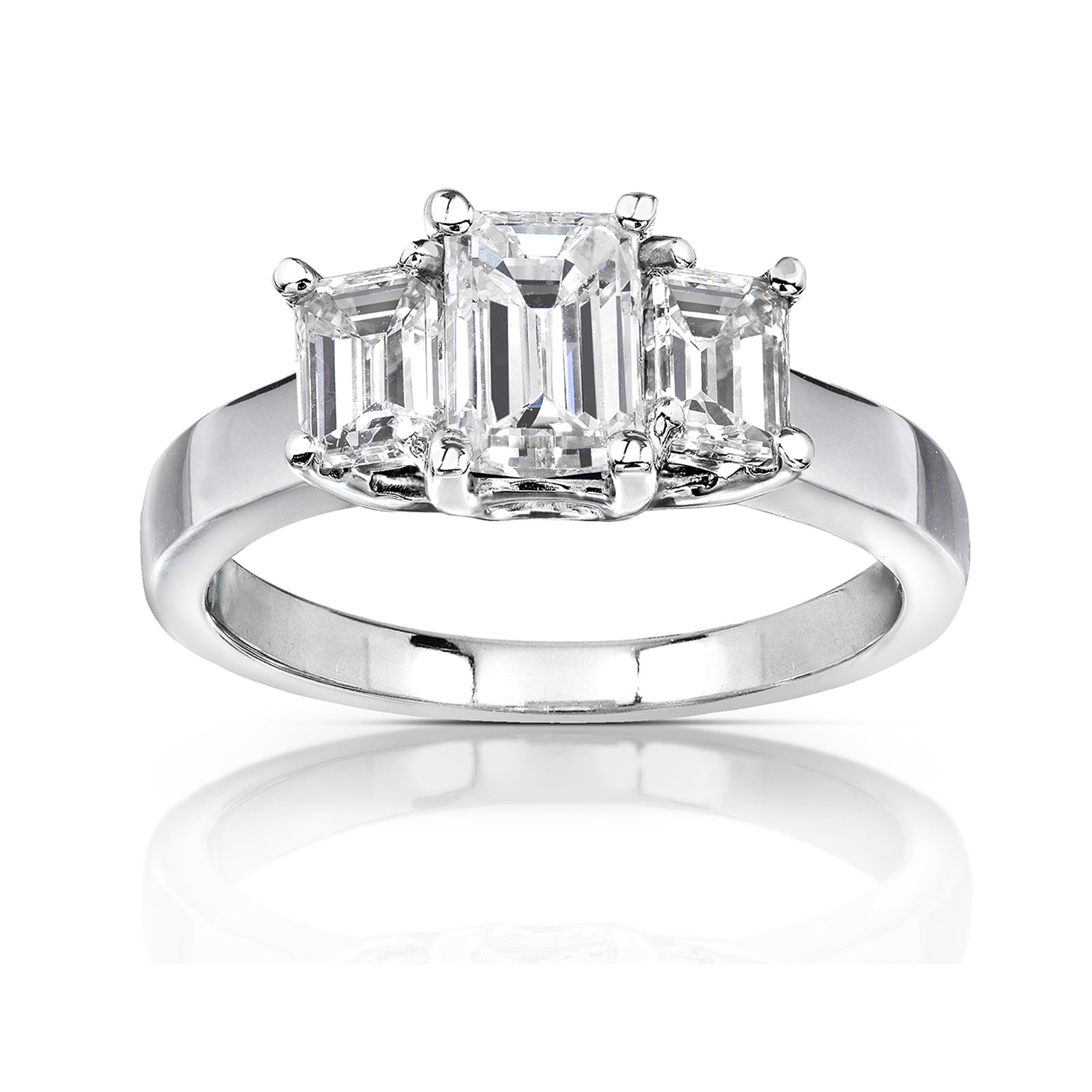 1.6 Carat Moissanite Emerald Plain Band 3-Stone Ring