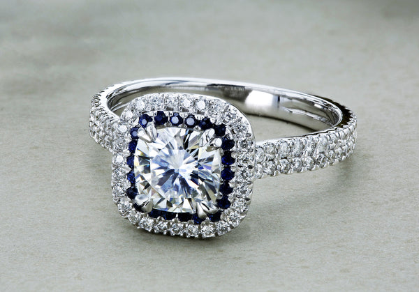 2 Carat Moissanite Sapphire Trim Halo Ring