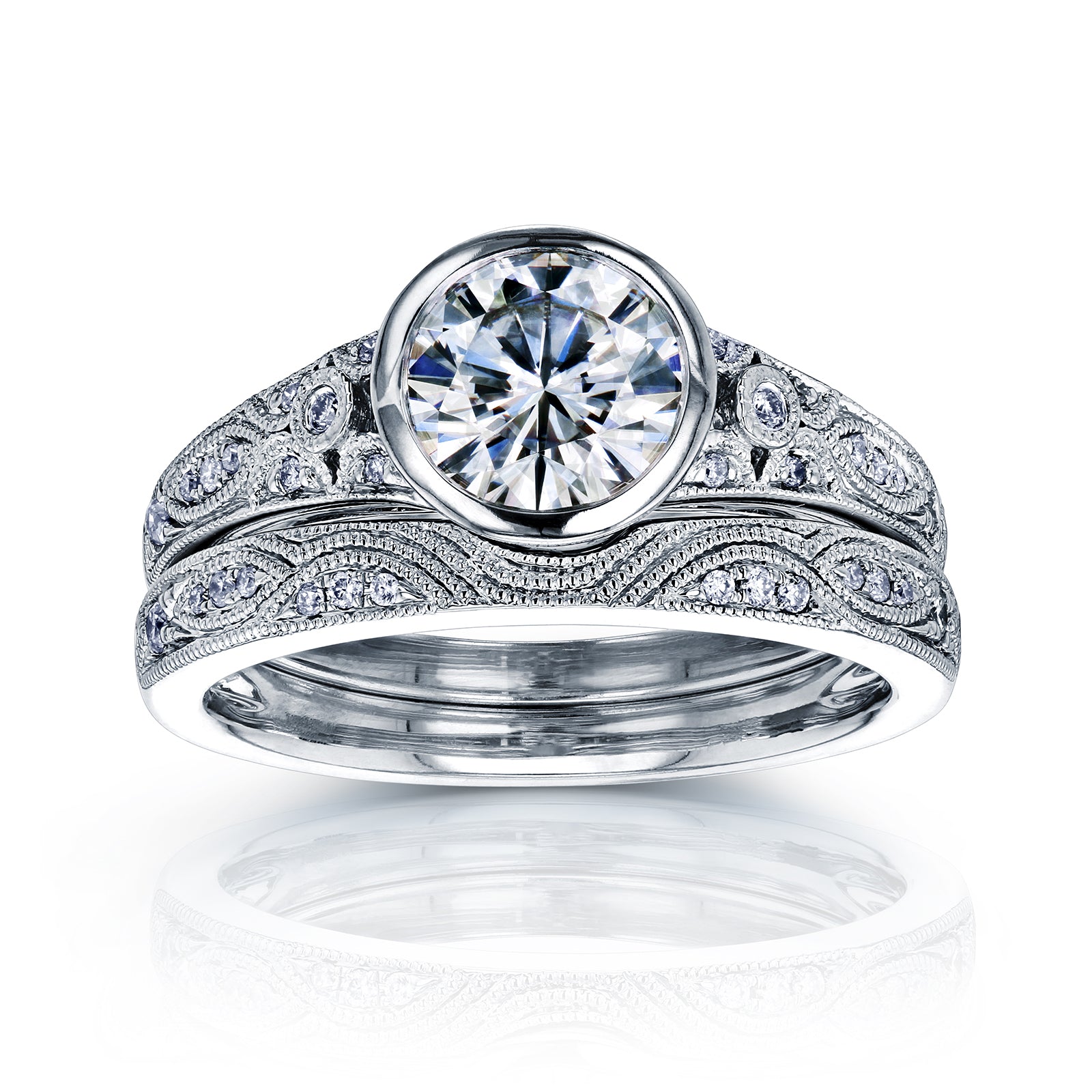 Lucille Bridal Set - vintage style filigree etchings with a bezel-set center