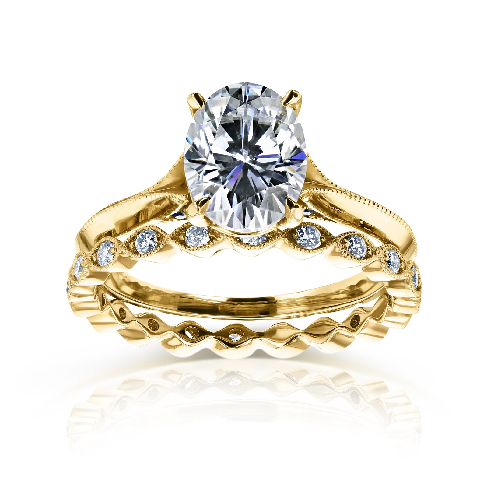 2.5 Carat Moissanite and Natural Diamond Vintage Tomoe Bridal Set - yellow gold option