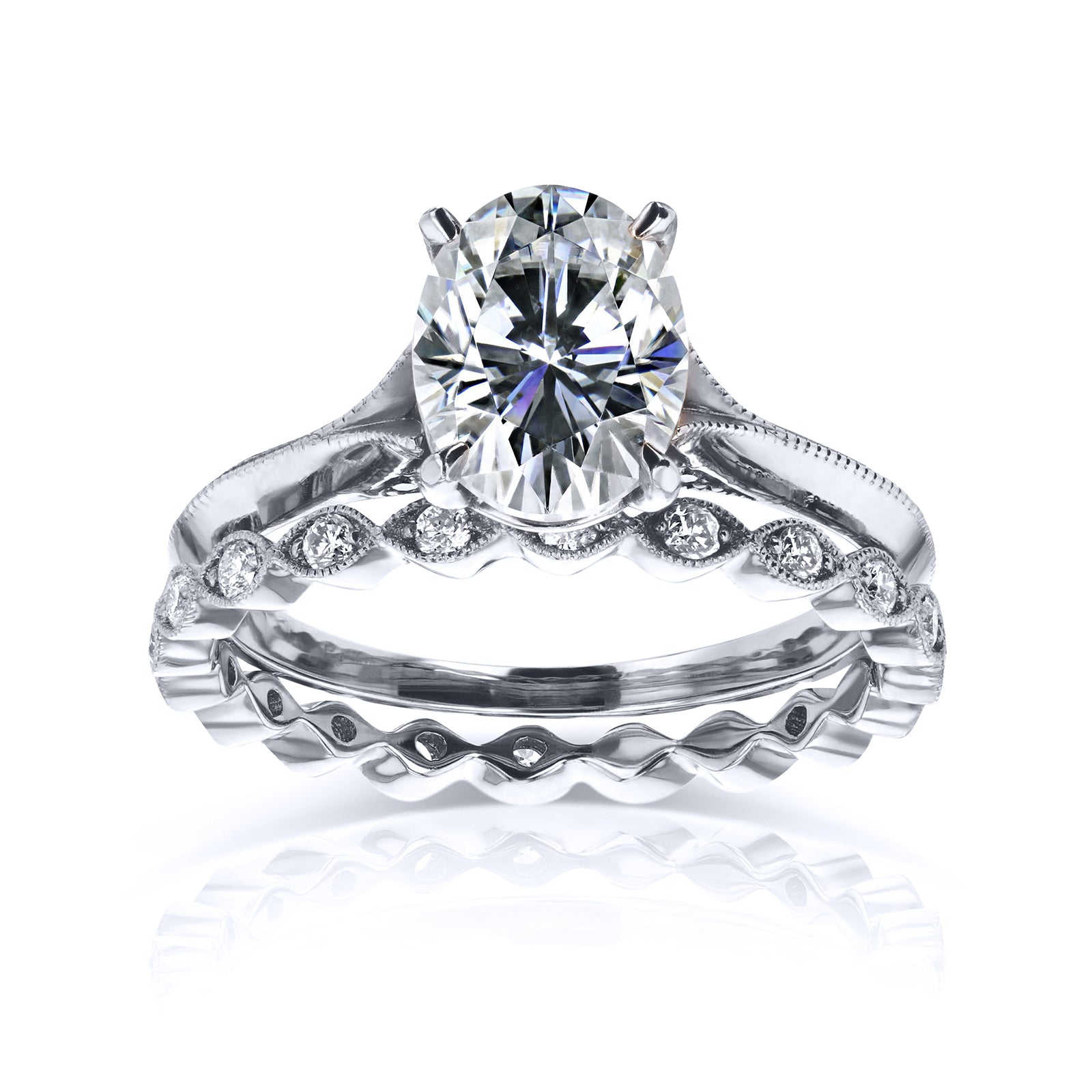 2.5 Carat Moissanite and Natural Diamond Vintage Tomoe Bridal Set - white gold option