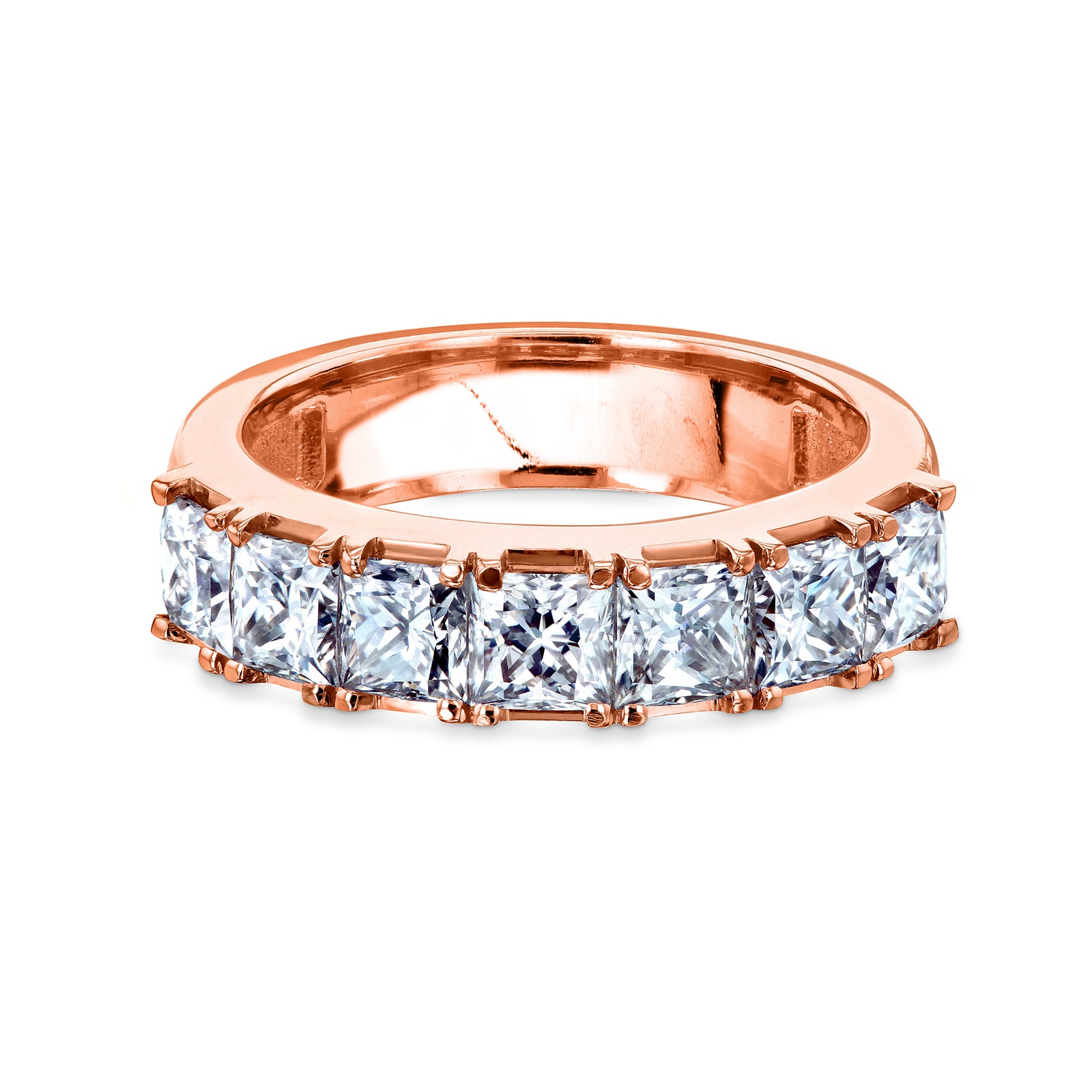 7-stone princess-cut moissanite and solid rose gold wedding band