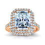 Large Radiant Double Halo Moissanite and Diamond Ring in Rose Gold