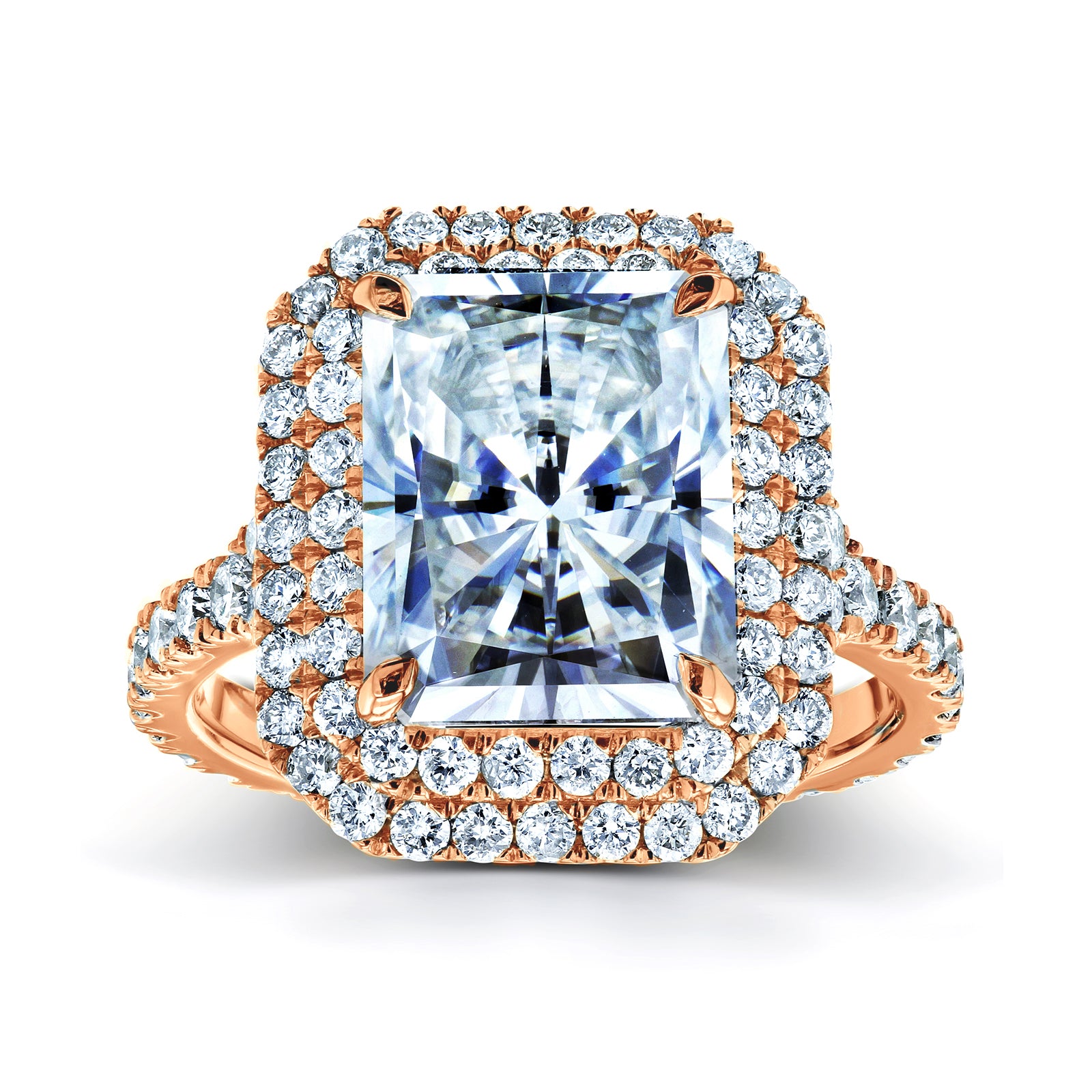 Large Radiant Double Halo Moissanite and Diamond Ring in Rose Gold