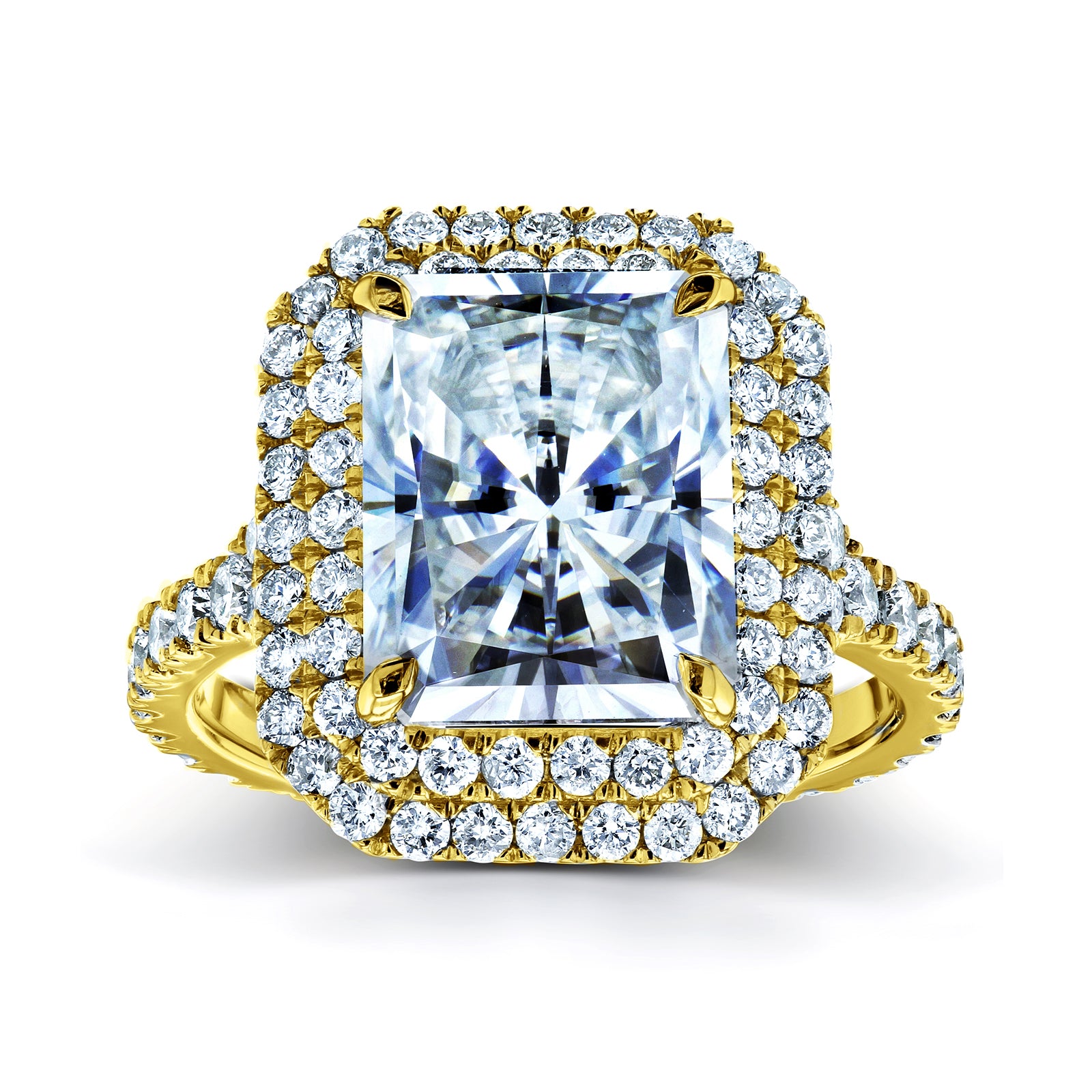 Large Radiant Double Halo Moissanite and Diamond Ring in Yellow Gold