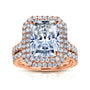 Large Radiant Brilliant-cut Moissanite and Natural Diamond Double Halo Statement Bridal Set in Solid 14k Rose Gold
