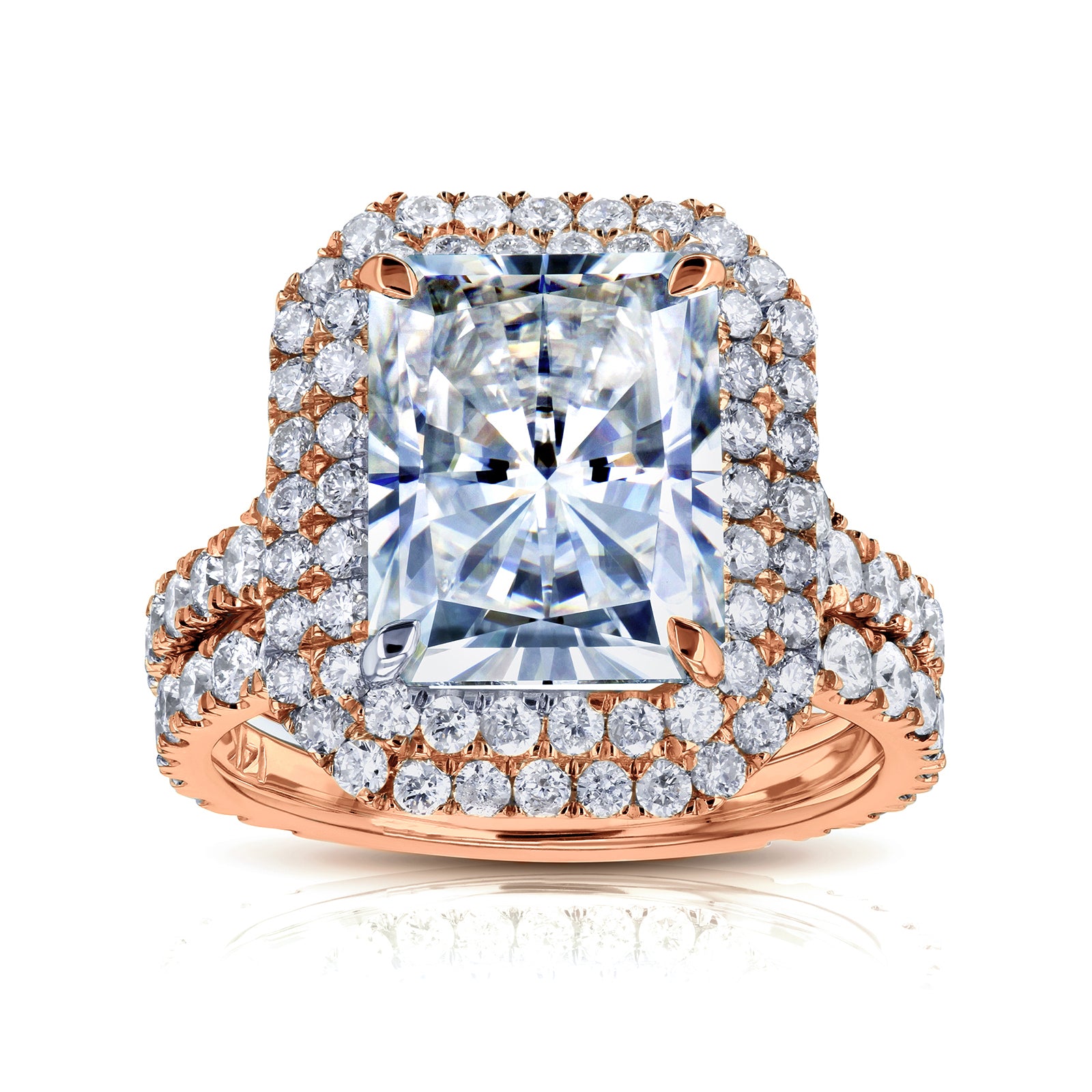 Large Radiant Brilliant-cut Moissanite and Natural Diamond Double Halo Statement Bridal Set in Solid 14k Rose Gold