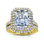 Large Radiant Brilliant-cut Moissanite and Natural Diamond Double Halo Statement Bridal Set in Solid 14k Yellow Gold