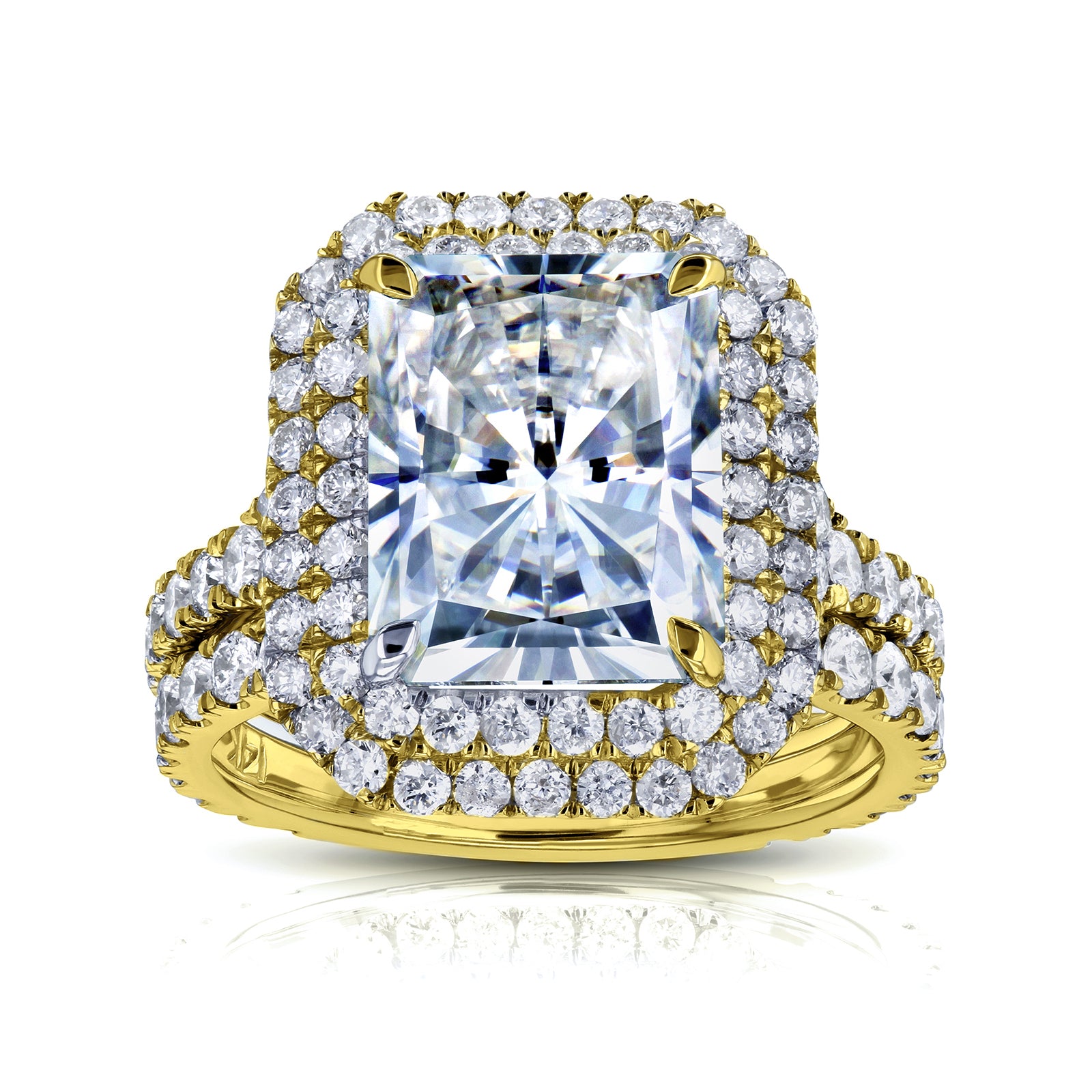 Large Radiant Brilliant-cut Moissanite and Natural Diamond Double Halo Statement Bridal Set in Solid 14k Yellow Gold