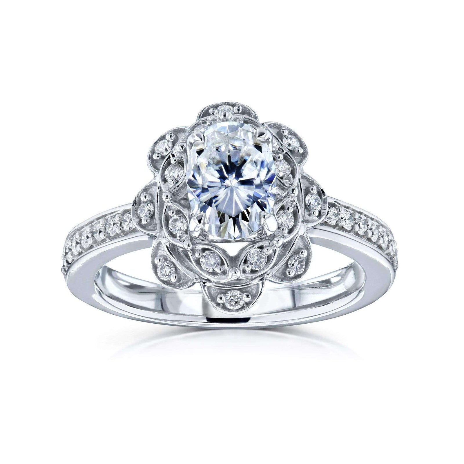 Kobelli Oval Moissanite and Diamond Halo Floral Vintage Engagement Ring in Solid 14k White Gold