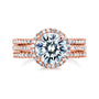 Round Halo Wedding Rings in Rose Gold - stacked face-on angle