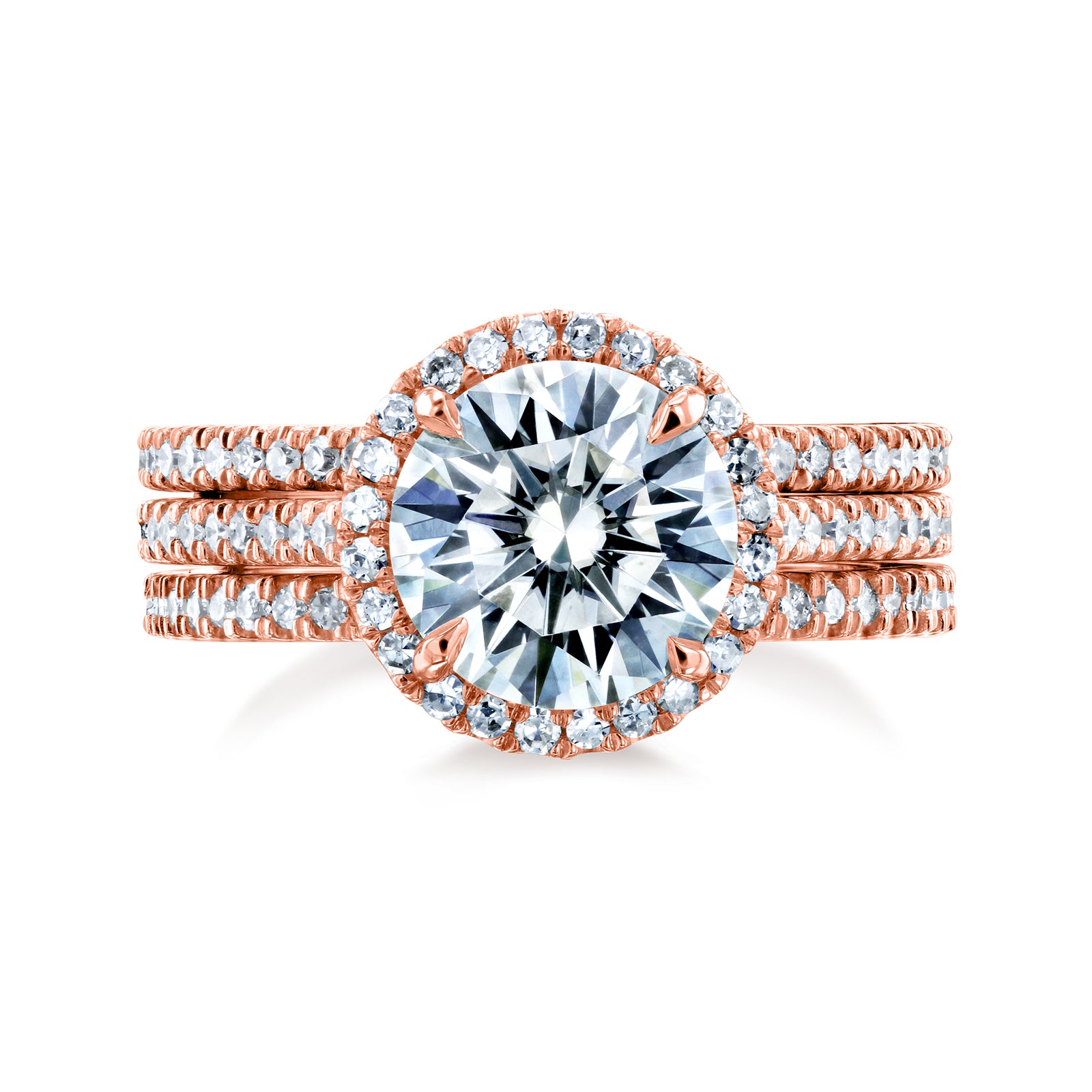 Round Halo Wedding Rings in Rose Gold - stacked face-on angle