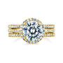 Round Halo Wedding Rings in Yellow Gold - stacked face-on angle