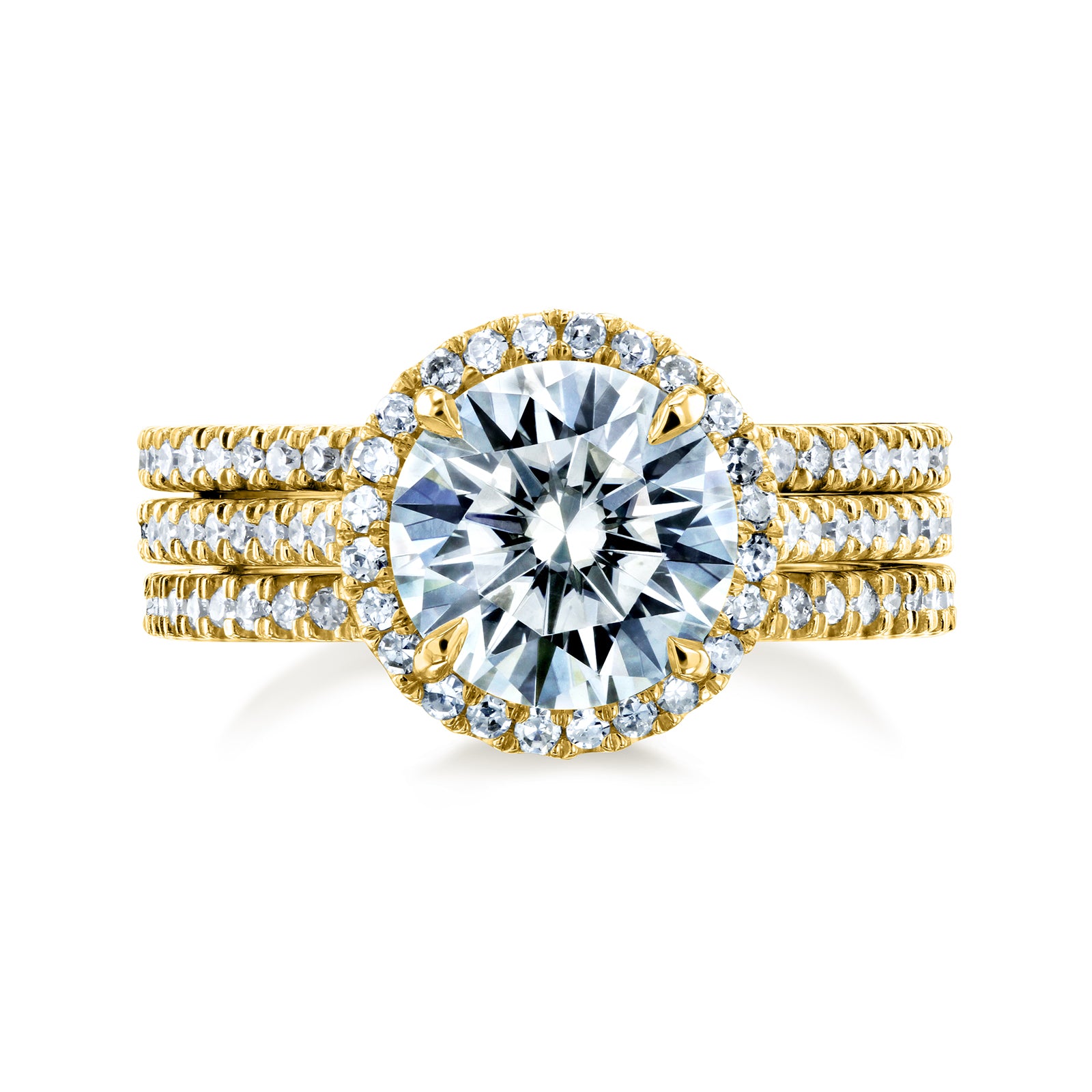 Round Halo Wedding Rings in Yellow Gold - stacked face-on angle