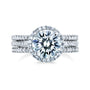 Round Halo Wedding Rings in White Gold - stacked face-on angle