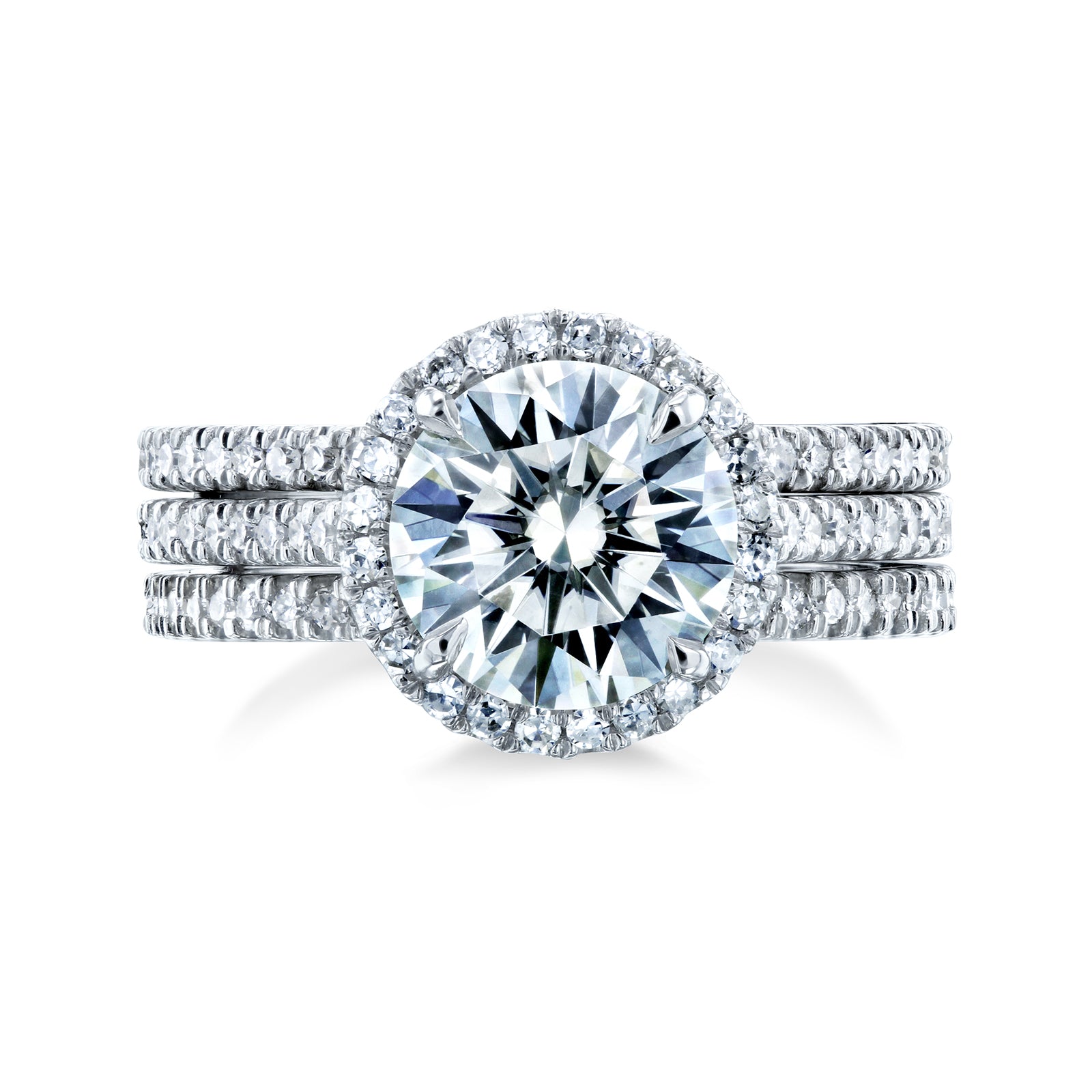 Round Halo Wedding Rings in White Gold - stacked face-on angle