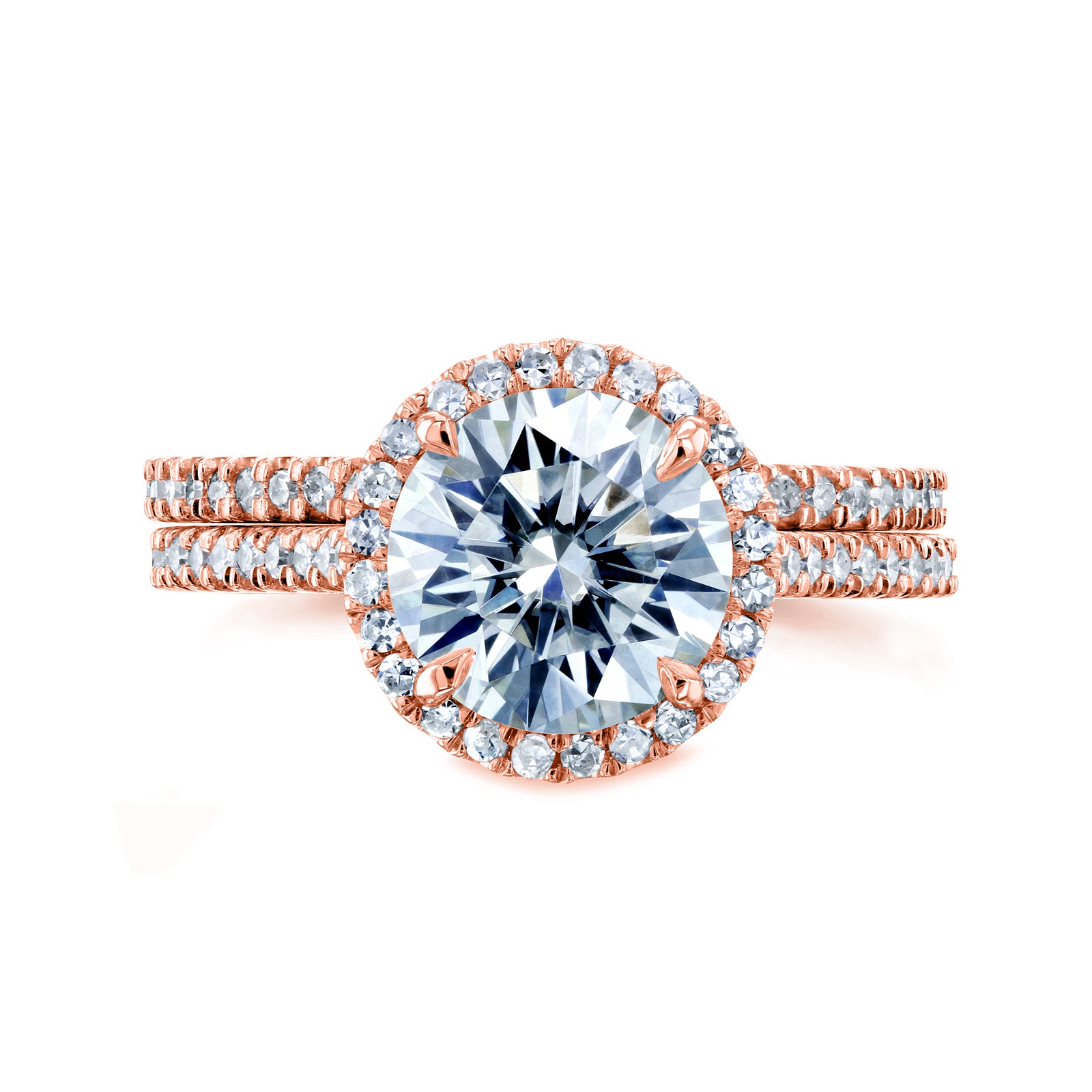 Round Halo 2-piece Wedding Rings in Rose Gold - stacked face-on angle