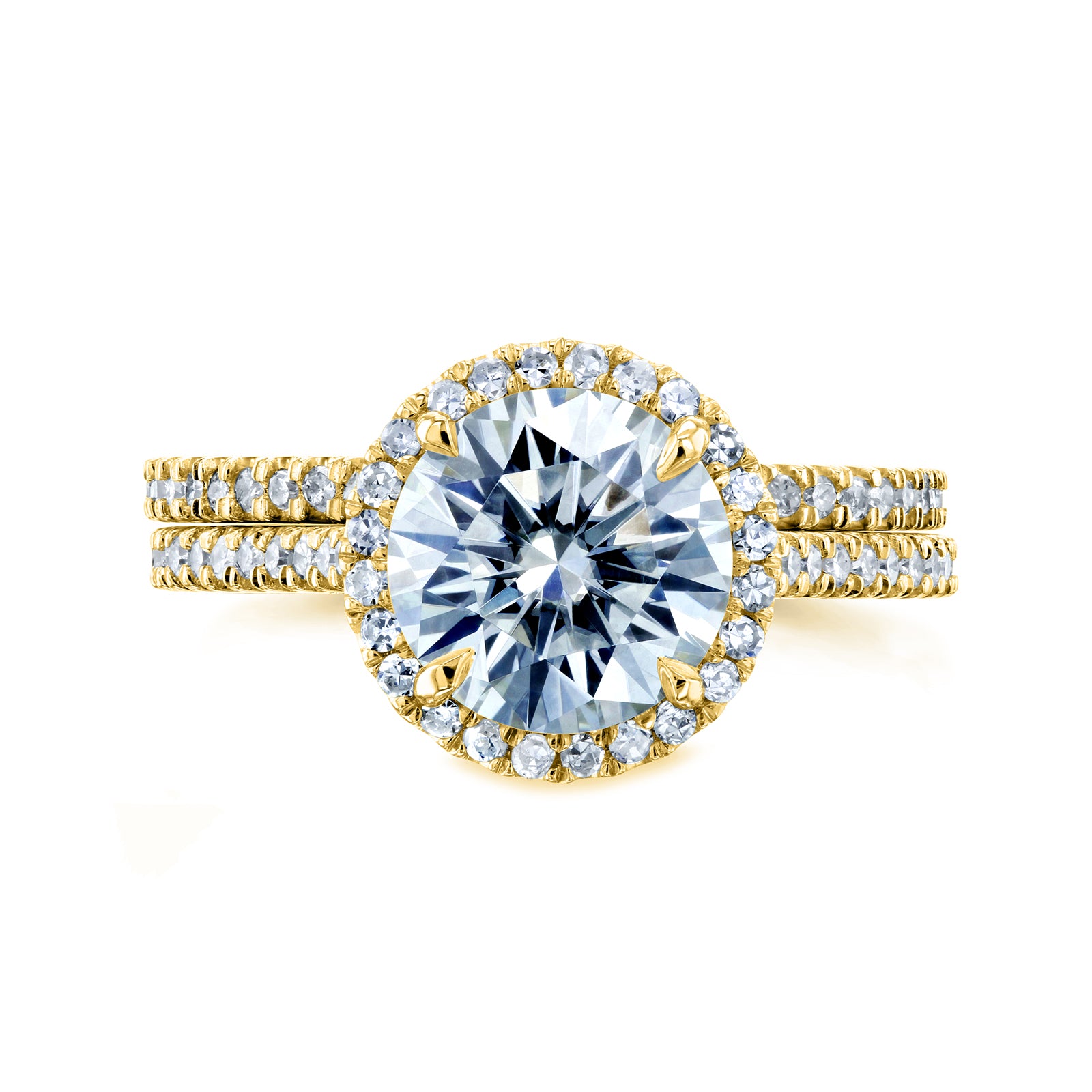 Round Halo 2-piece Wedding Rings in Yellow Gold - stacked face-on angle