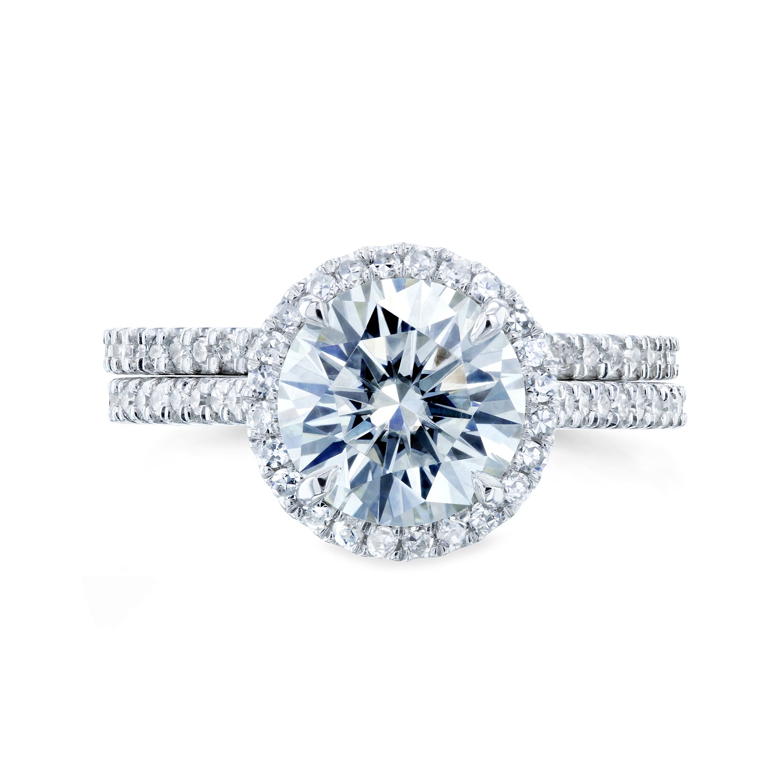 Round Halo 2-piece Wedding Rings in White Gold - stacked face-on angle